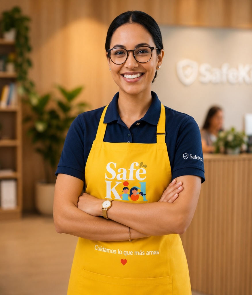 Niñera sonriente con delantal amarillo de SafeKid