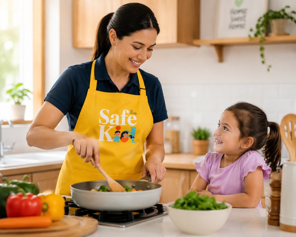 Niñera cocinando con niña