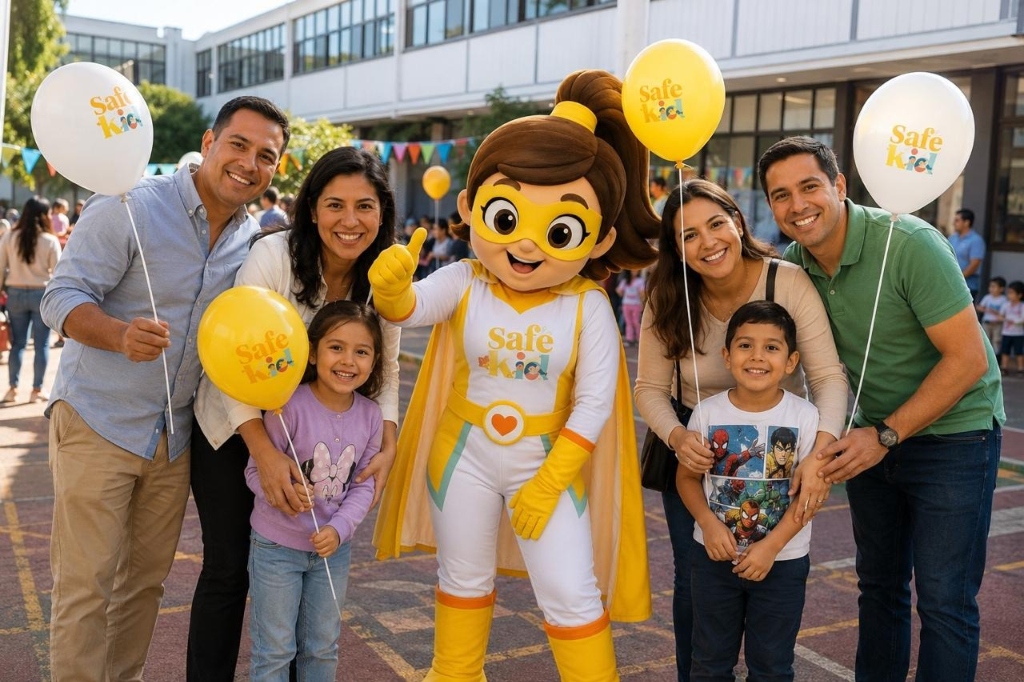 Mascota de SafeKid y familias con globos